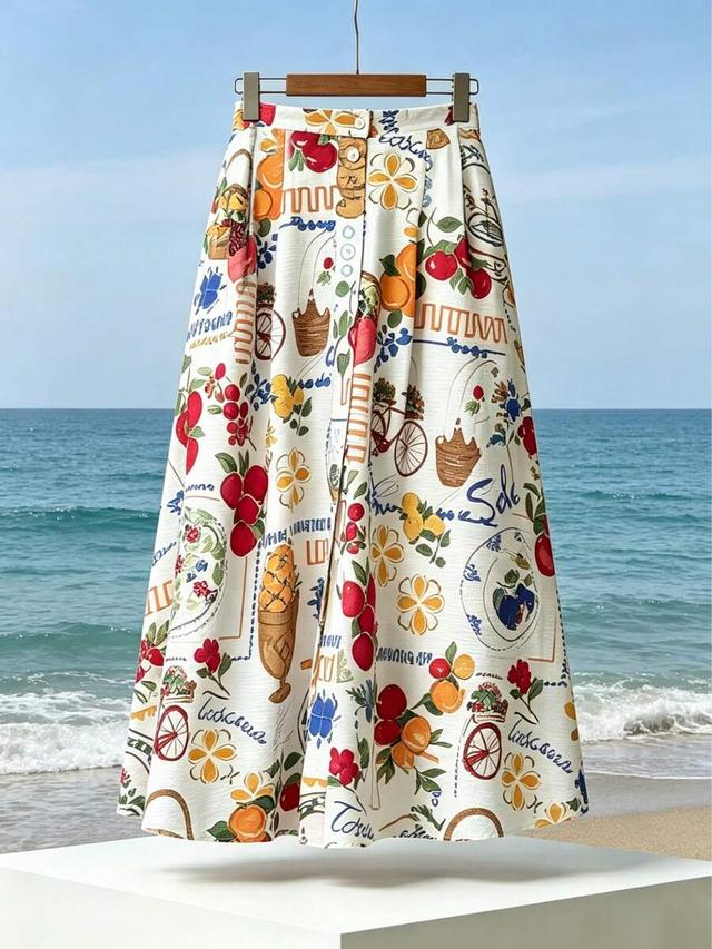 vintage fruit floral print high waist midi skirt