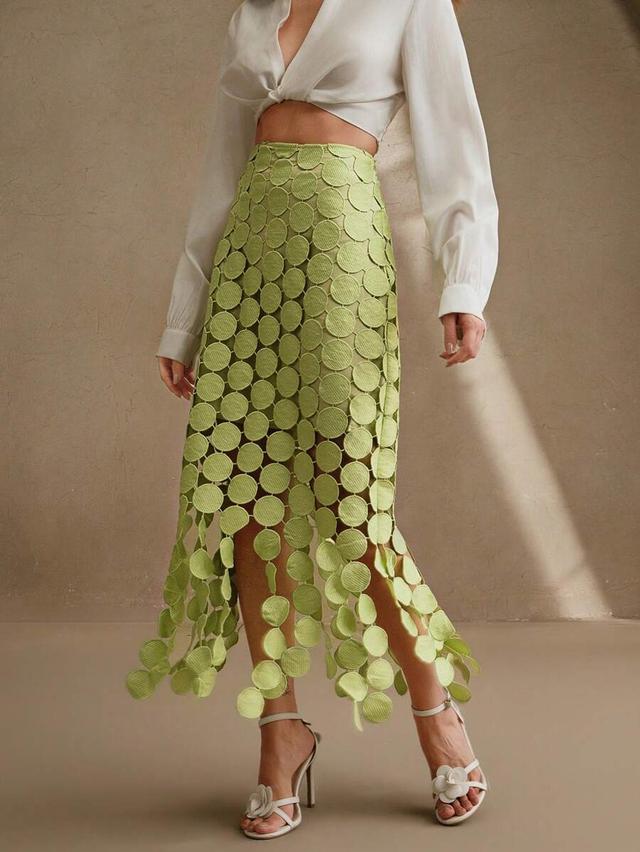 green laser cut circle layered maxi skirt