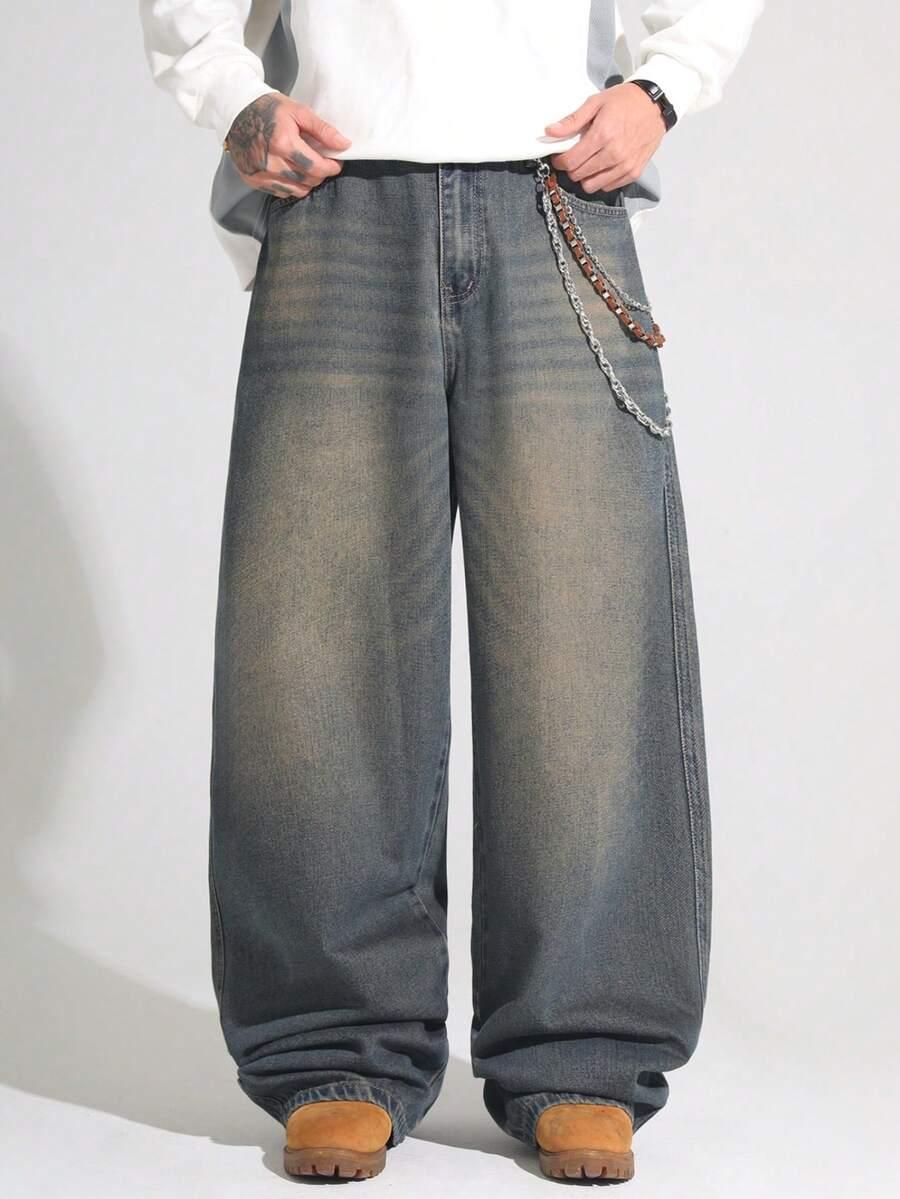 distressed vintage washed loose fit wide leg jeans