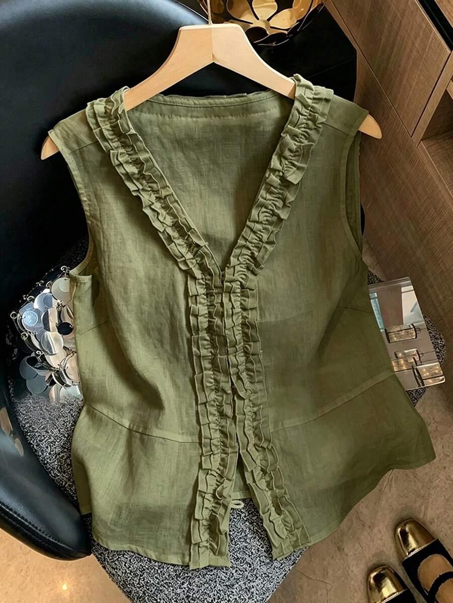 olive green linen-like sleeveless v-neck frill trim blouse