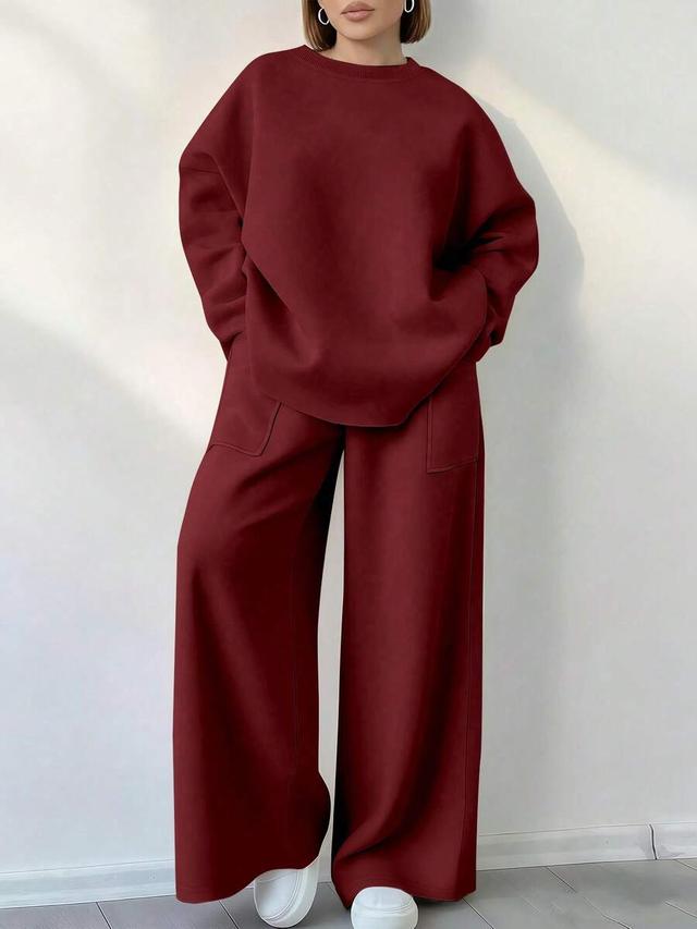 burgundy casual drop shoulder sweatshirt and wide leg pants