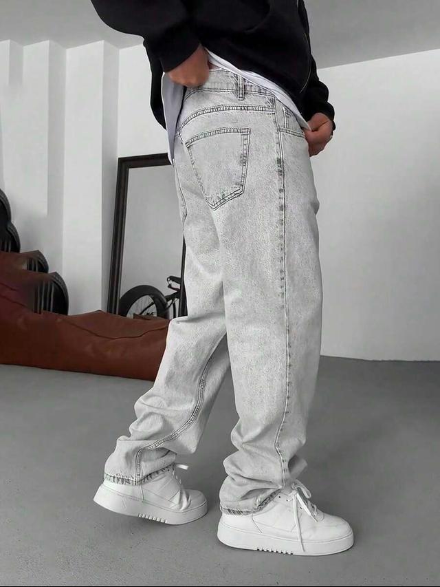 men's casual washed light grey denim jeans