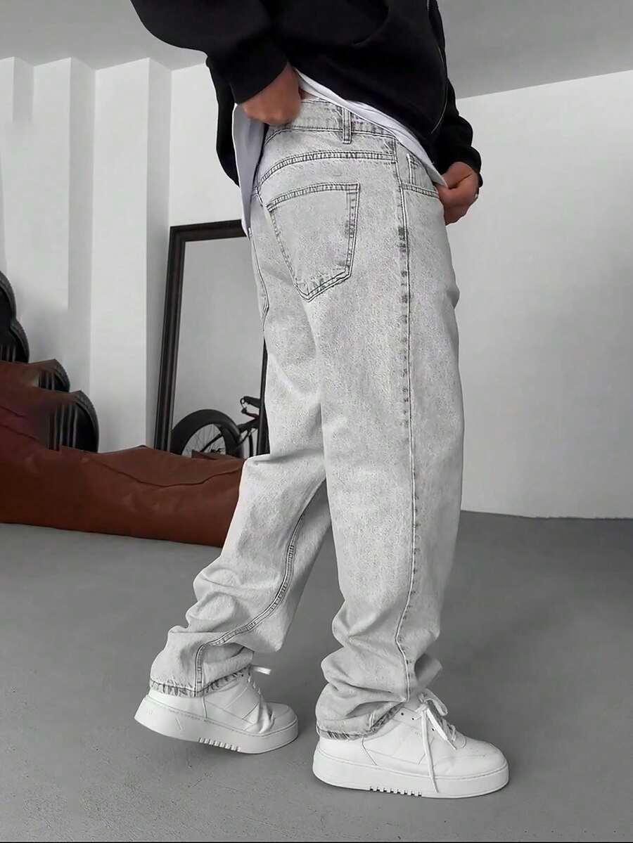 men's casual washed light grey denim jeans