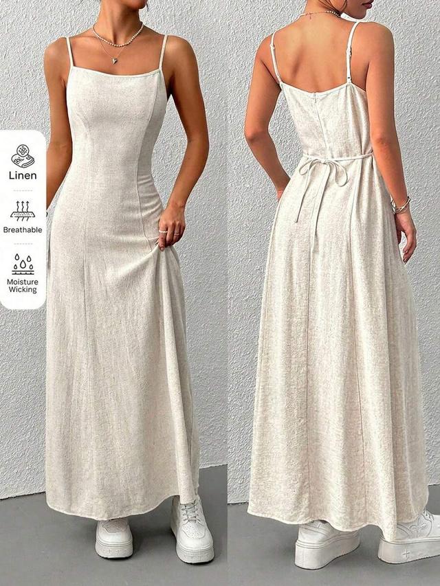 beige linen woven spaghetti strap backless maxi dress