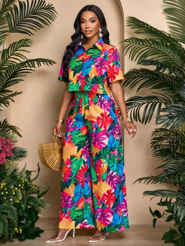 tropical print button-up shirt and wide-leg trousers set