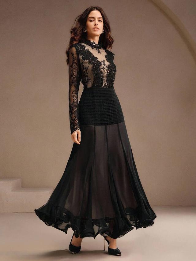 elegant romantic lace patchwork ruffle hem fitted dress