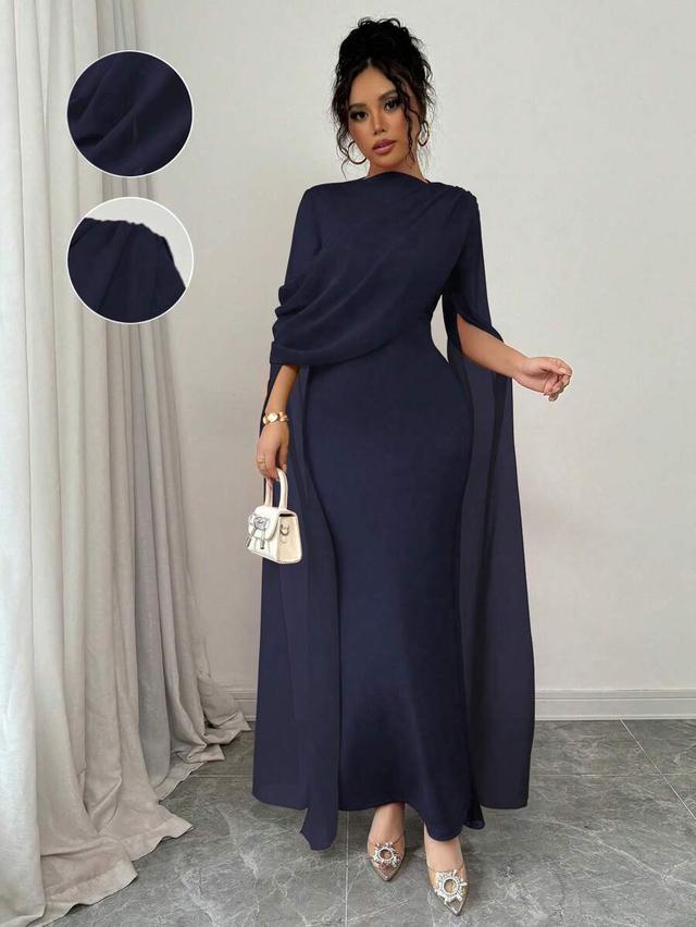 navy blue ruched oblique shoulder sheer sleeve mermaid gown