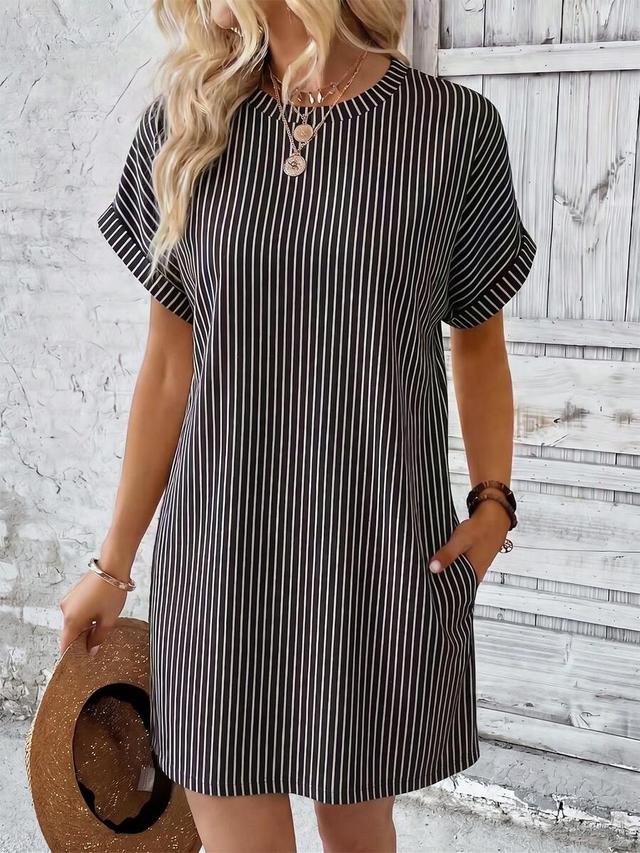 black and white vertical stripe shift dress
