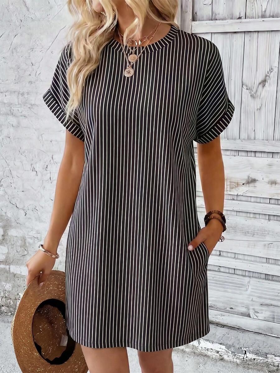 black and white vertical stripe shift dress