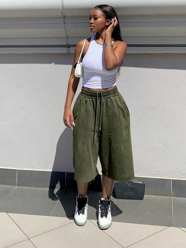 olive green wide leg cropped drawstring pants