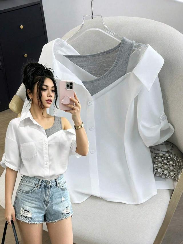 white two-in-one cold shoulder blouse with camisole strap