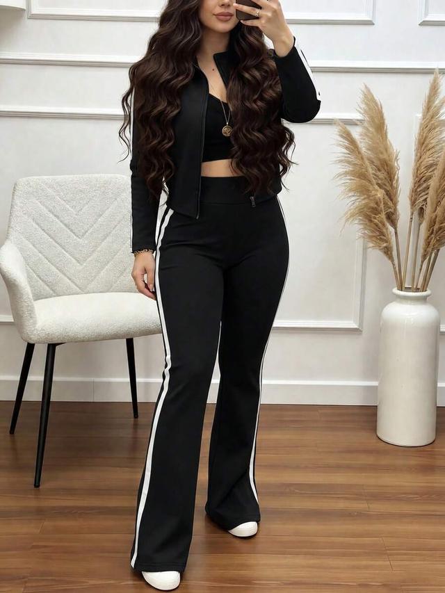 women's casual black striped zip-up jacket and pants set
