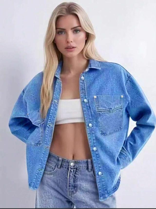 oversized medium wash denim button up jacket