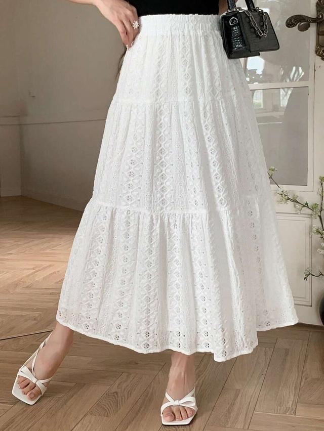 white textured ruffled hem midi skirt