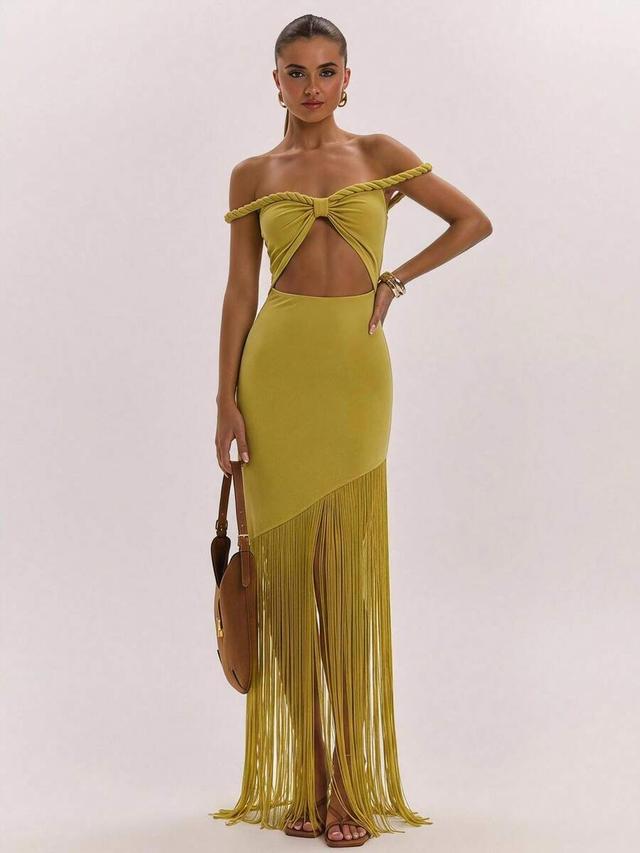 olive green knit bandeau dress with tassel hem