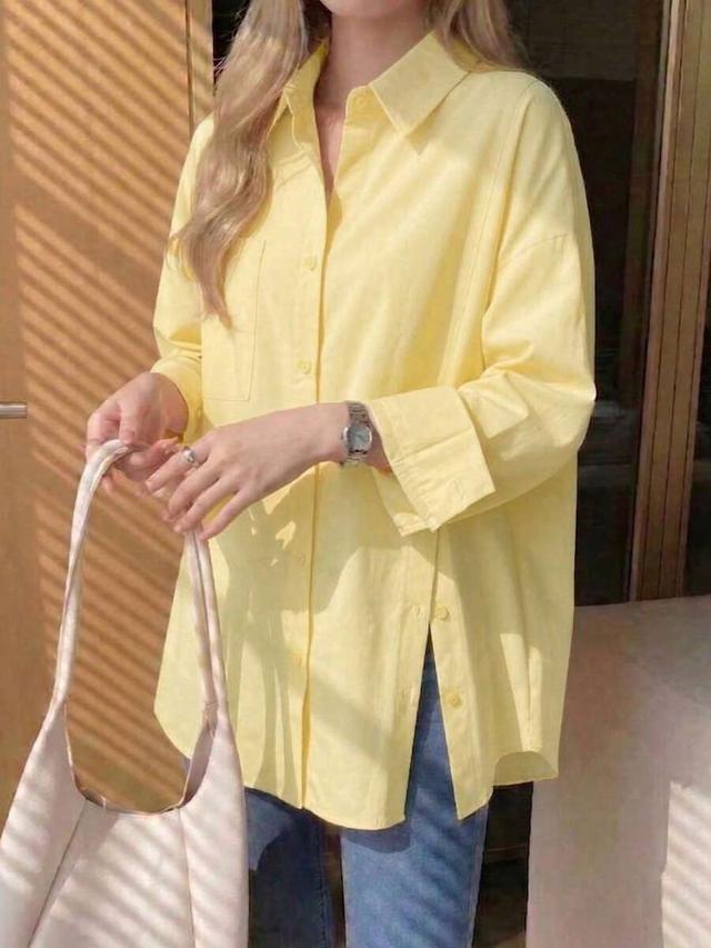 casual versatile solid color front button pocket long sleeve shirt