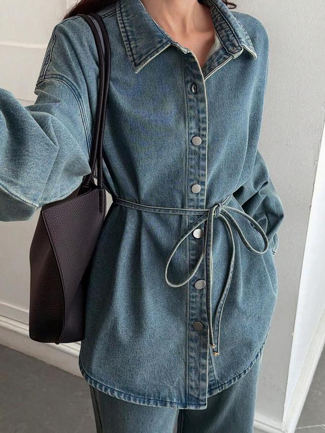 casual denim shirt and wide leg pants set