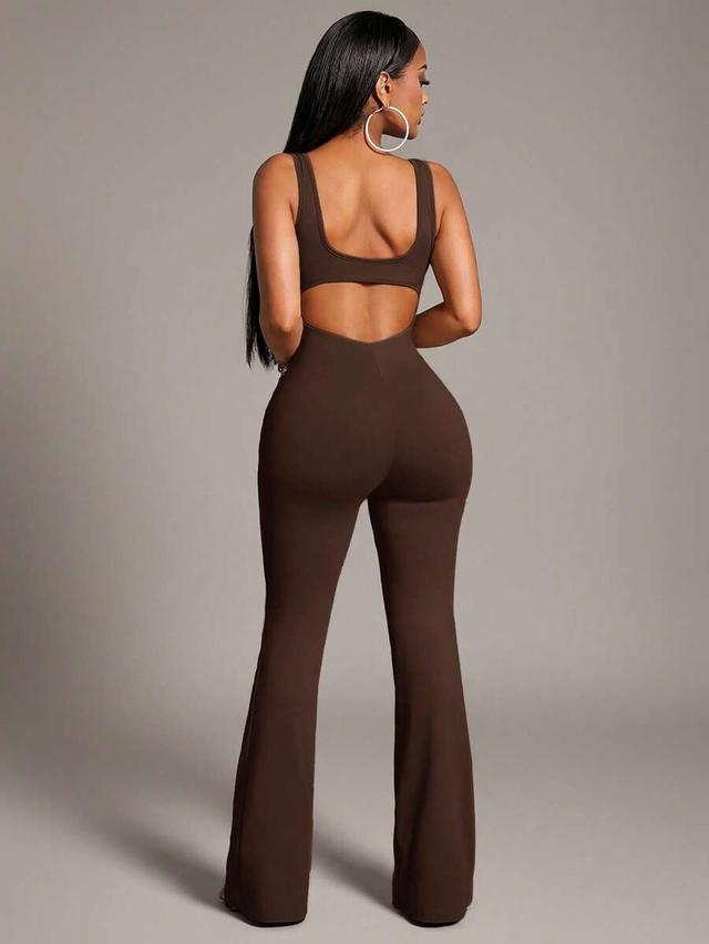 brown backless square neck sleeveless flared bodysuit