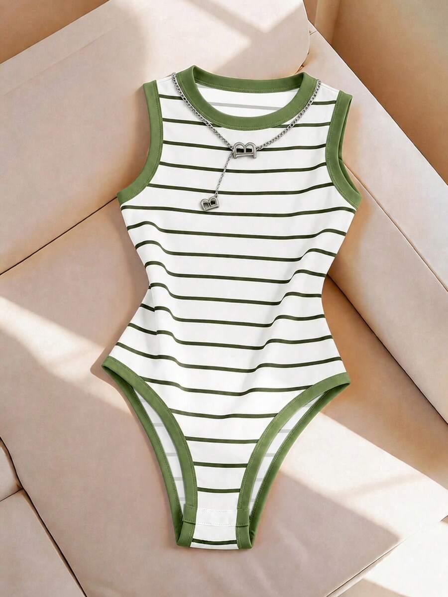 green and white striped knit sleeveless bodysuit