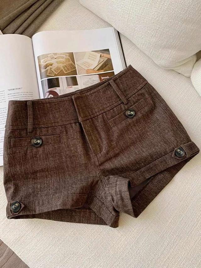 brown textured button decorated tailored shorts