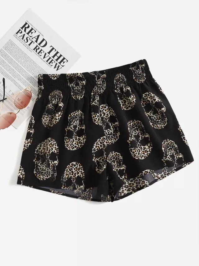 leopard skeleton print shirred waist casual shorts