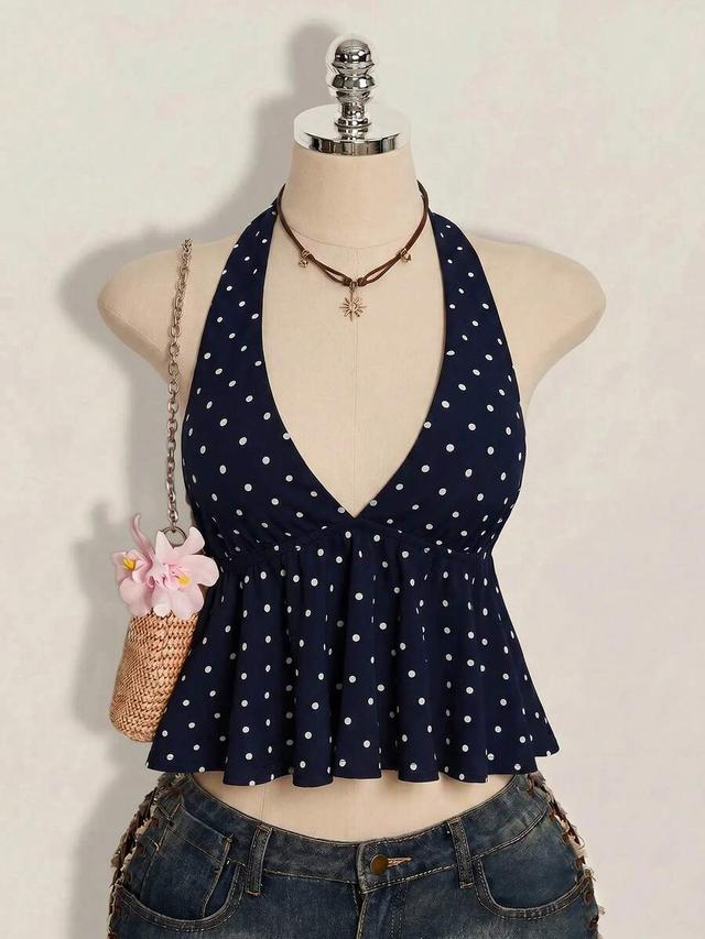 navy blue polka dot ruffle hem halter camisole