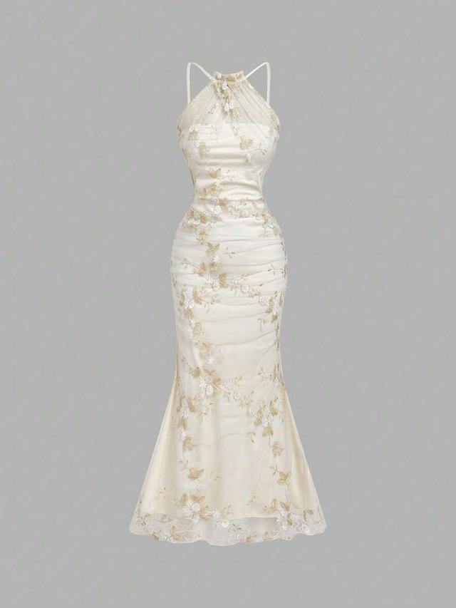 elegant pleated bust fitted waist mermaid embroidered dress