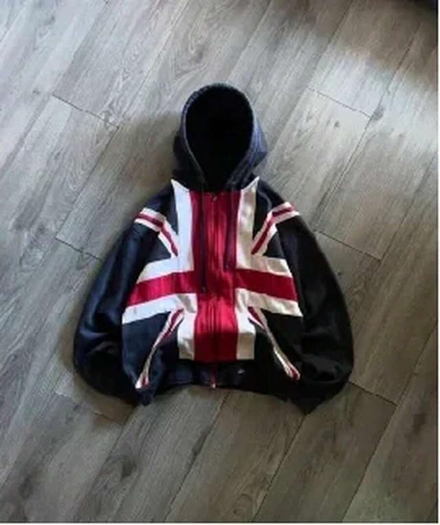 black polyester zip-up hoodie with union jack print