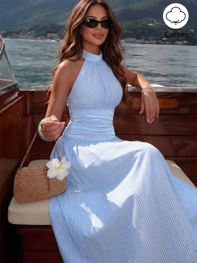 blue and white striped halter maxi dress
