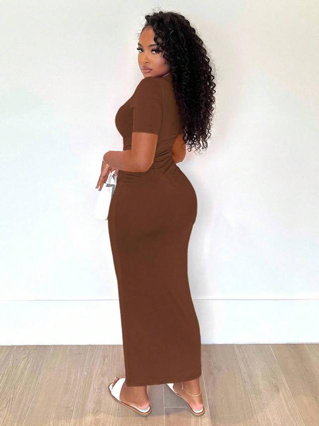 solid brown v-neck short sleeve bodycon maxi dress