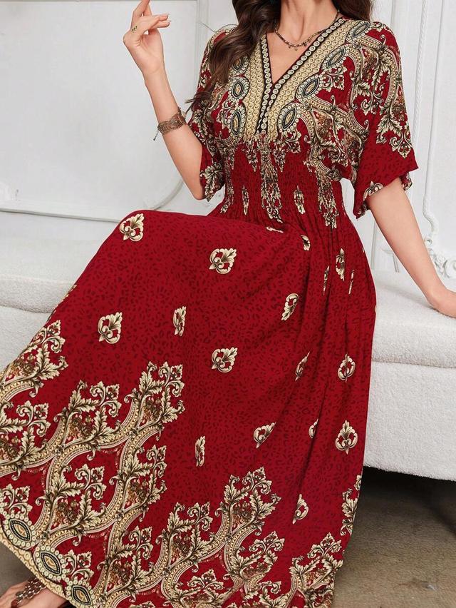lacomfia casual vintage floral print midi dress