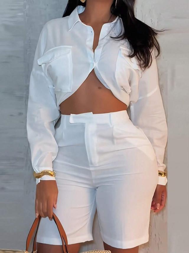 white casual long sleeve shirt and high waist shorts