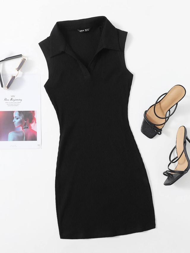 black rib-knit sleeveless polo bodycon dress