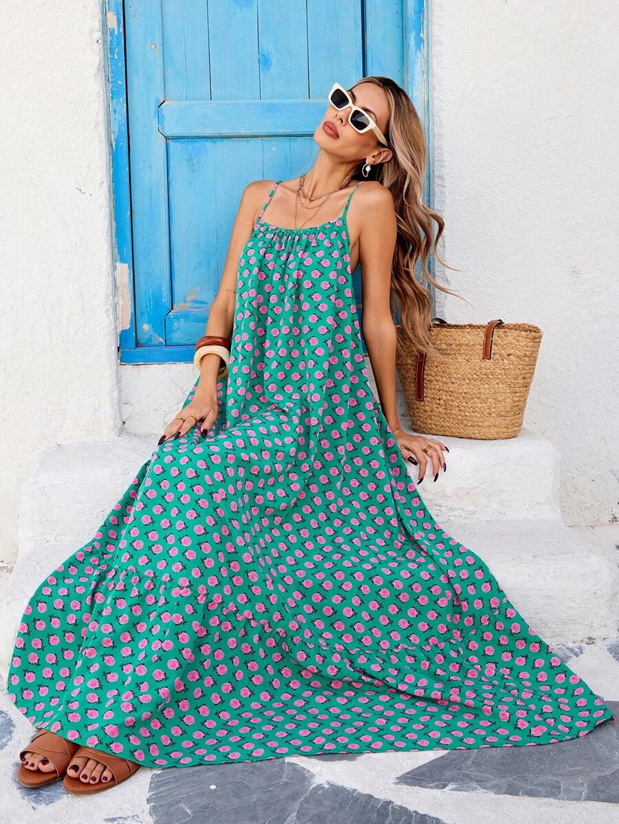 green floral print spaghetti strap maxi dress