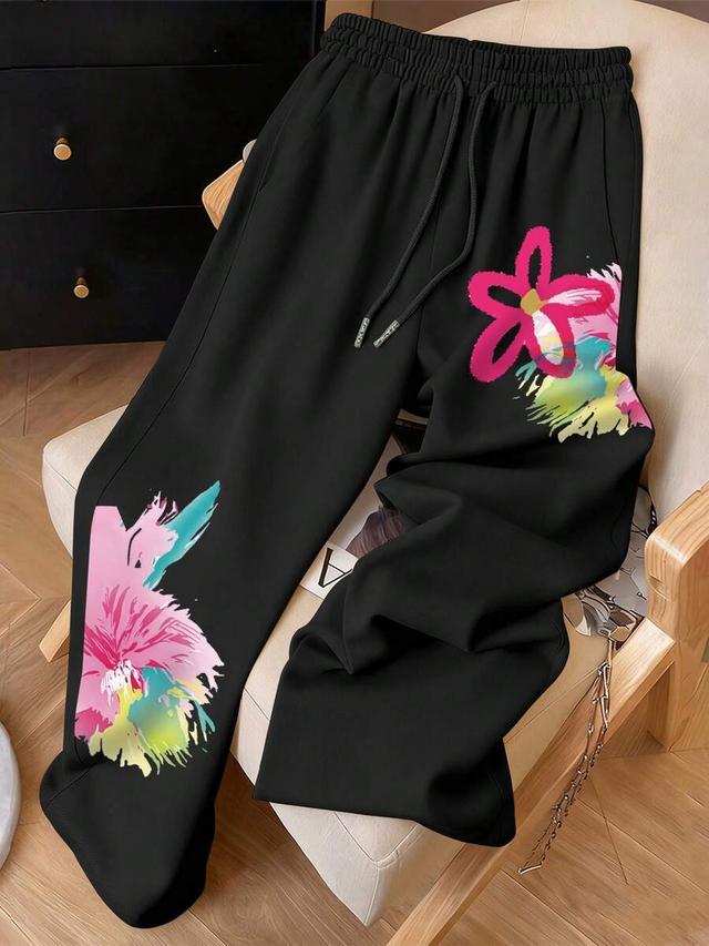 black floral floral print drawstring waist casual sweatpants