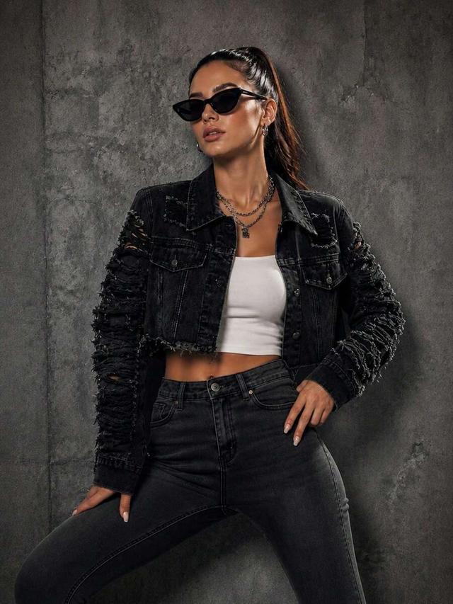 daxida women's sexy black washed denim ripped jacket