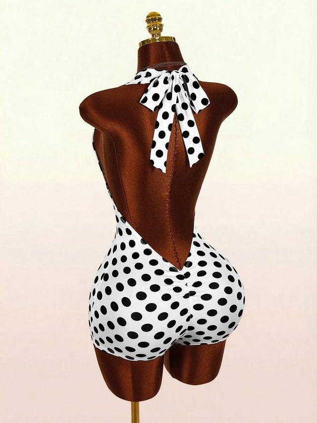white and black polka dot halter neck bodysuit