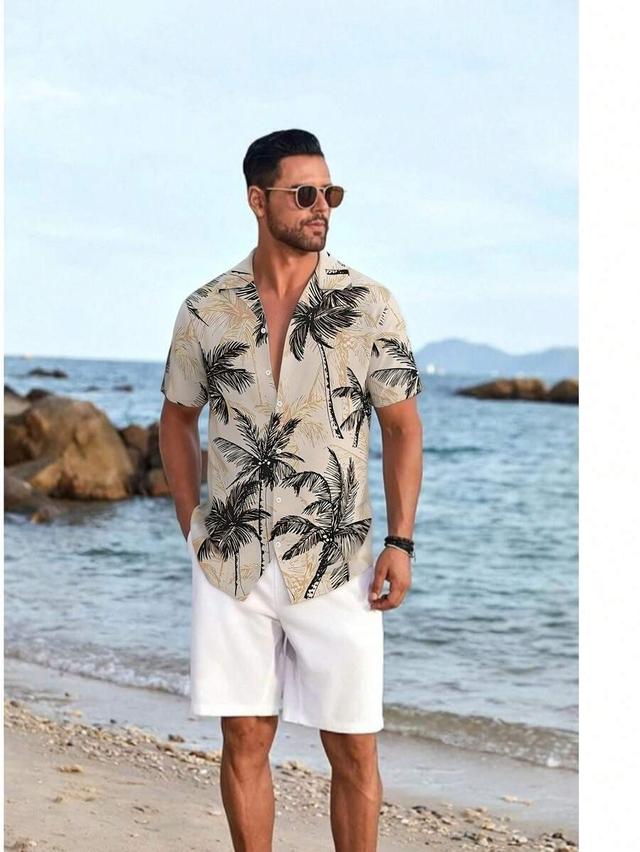 men's palm tree print camp collar short sleeve shirt