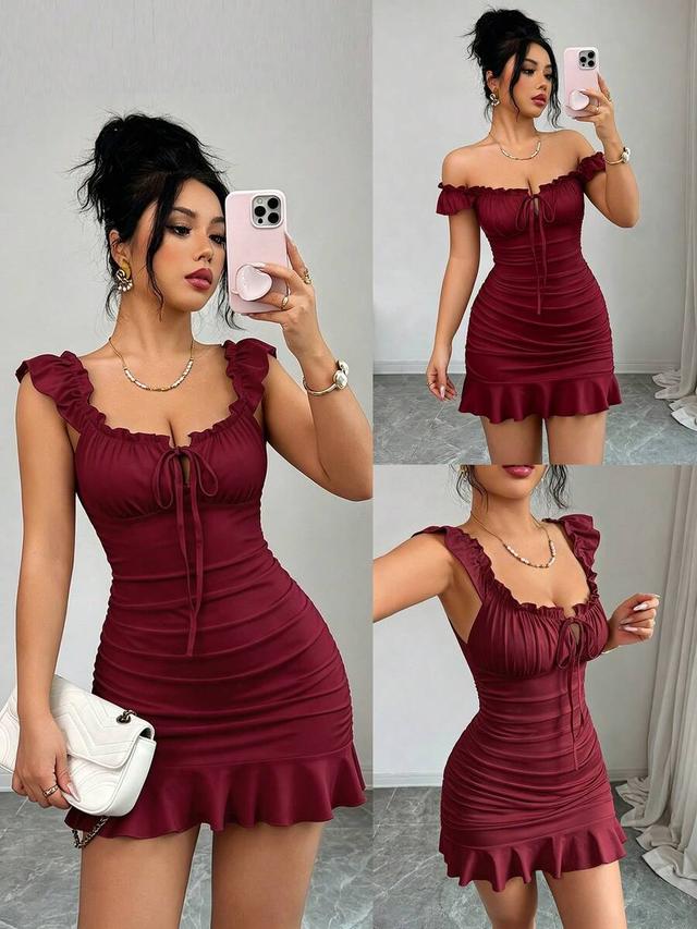 burgundy ruched mini dress with ruffle straps