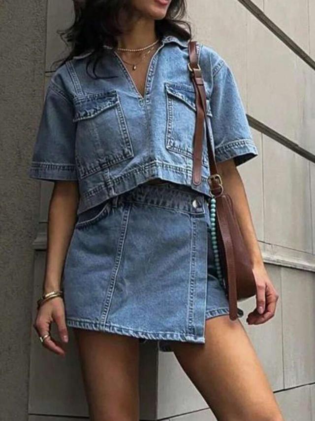 womens denim short sleeve lapel top and skort set