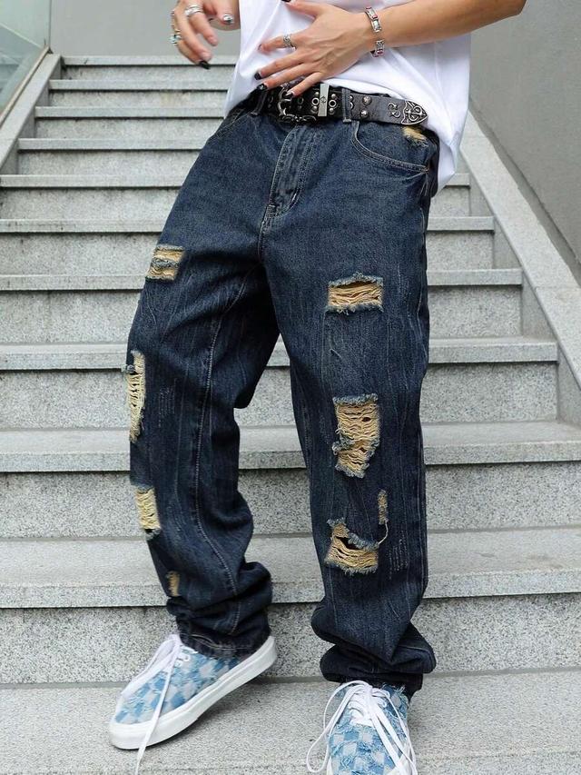 men's ripped straight leg jeans with distressed detailing