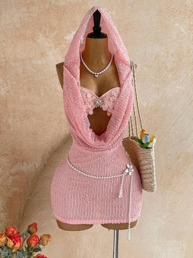 pink textured hooded mini dress with sequin detail
