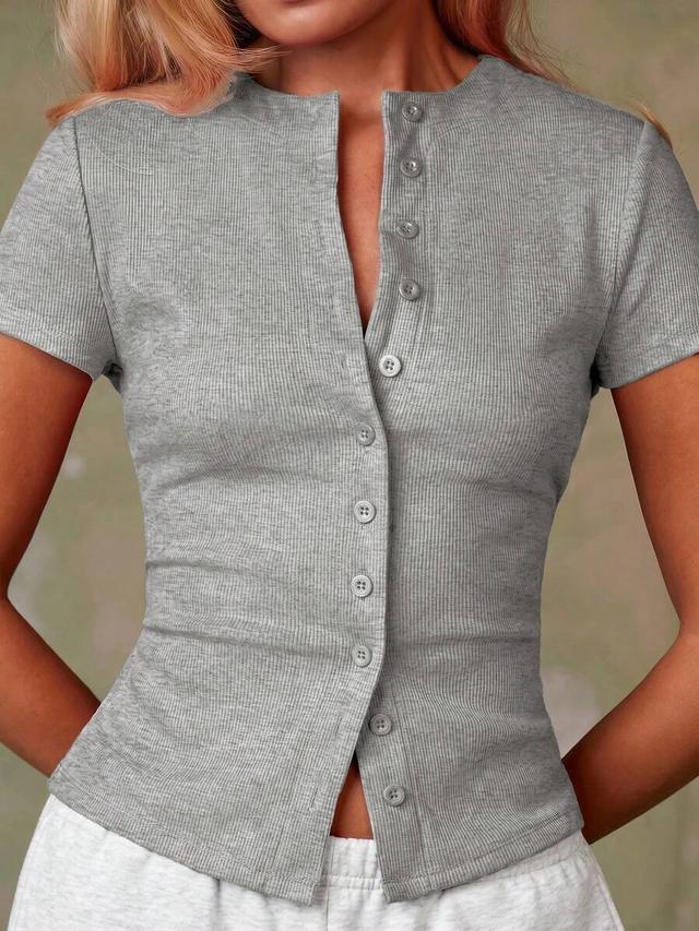 grey ribbed short sleeve button front casual blouse