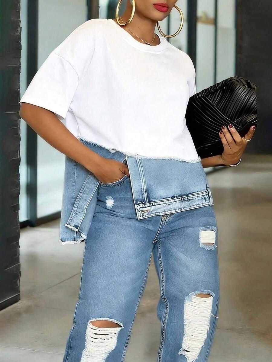 casual white cotton round neck short sleeve shirt