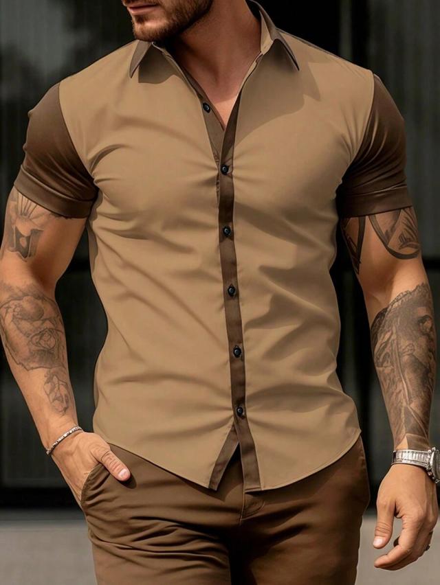 light brown contrast color stitching stand collar short sleeve shirt