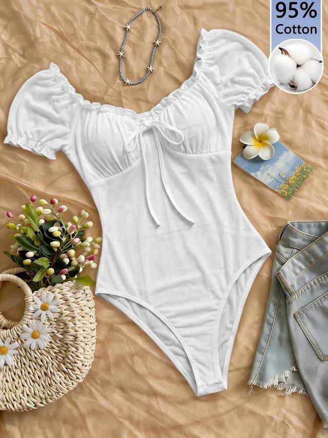 white cotton puff sleeve ruffle hem bodysuit