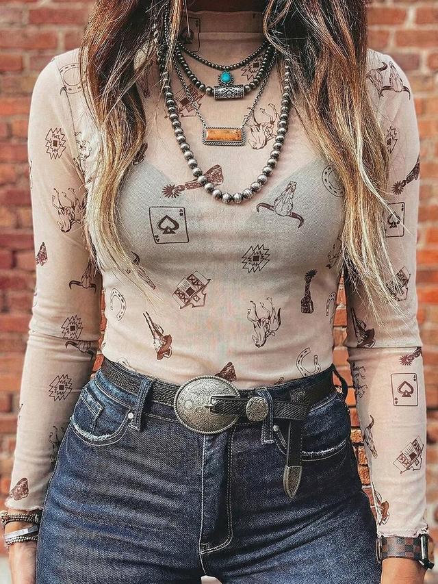 apricot western denim print mesh long sleeve top
