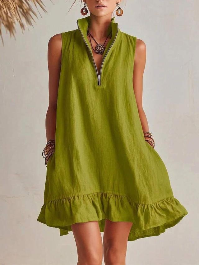 green sleeveless linen shift dress with zipper