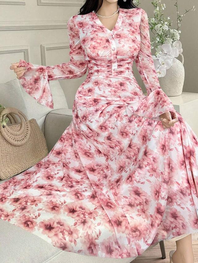 floral print v-neck bell sleeve maxi dress