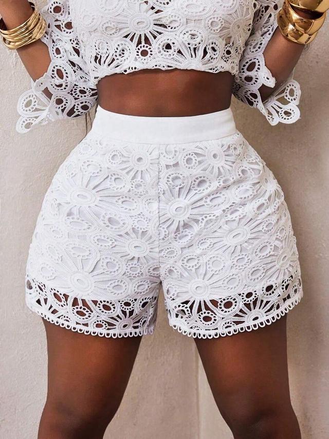 white floral hollow lace high waisted shorts